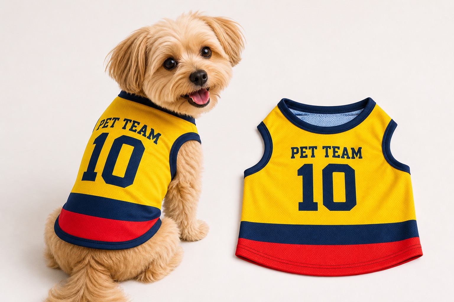 Dog wearing a pet jersey next to the product laid flat